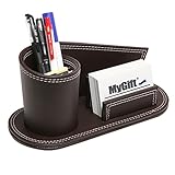 Modern Multipurpose Brown Leatherette Desktop Organizer w/ Pencil Holder & Business Card Slot - MyGift®
