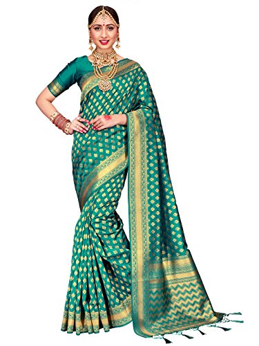 ELINA FASHION Sarees For Women Banarasi Art Silk Woven Saree l Indian Wedding Traditional Wear Sari and Blouse  Teal One Size