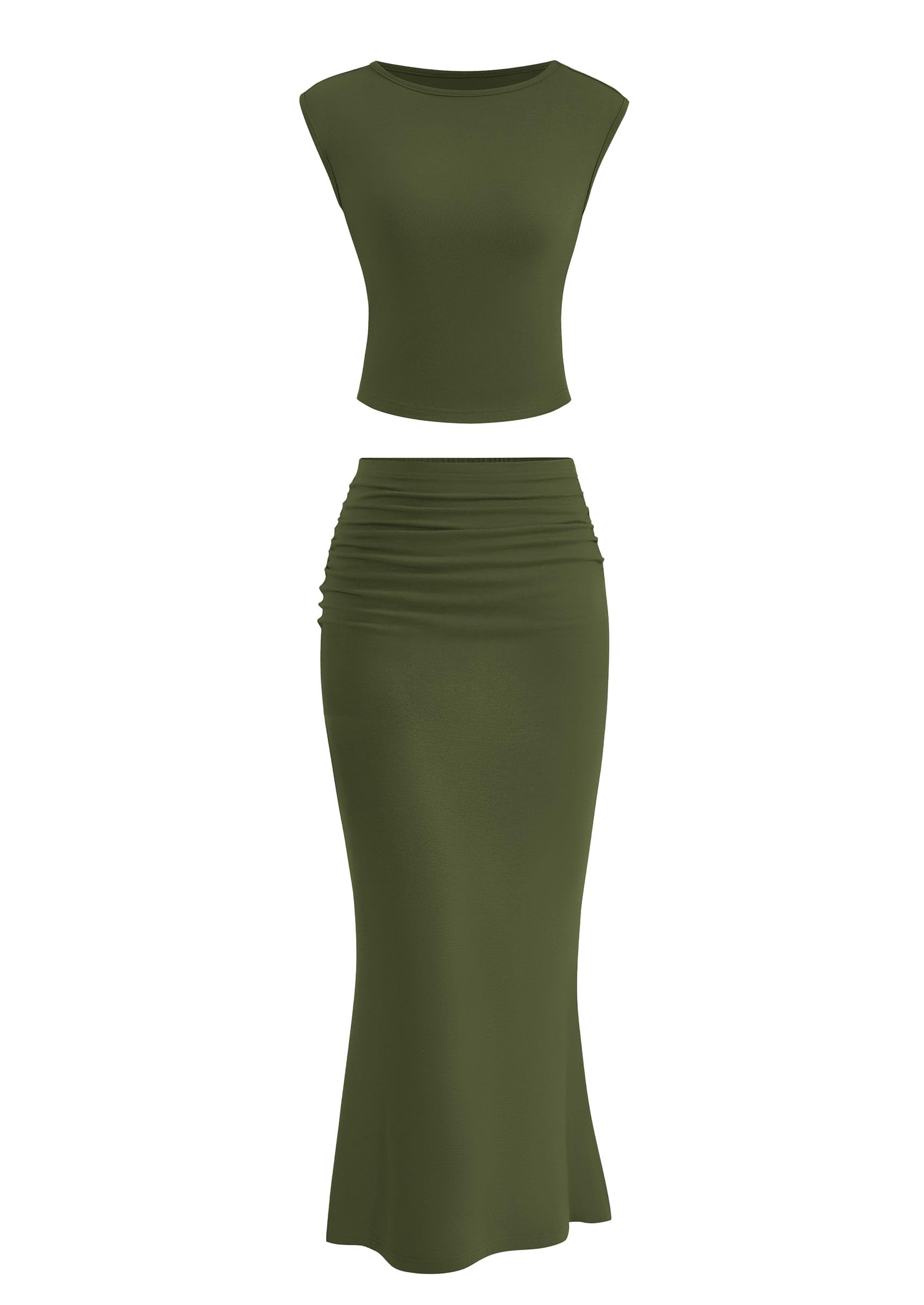 Photo 1 of PRETTYGARDEN Skirt Sets Women 2 Piece Outfits Summer Outfits 2025 Going Out Crop Tops Long Maxi Skirts Beach Vacation Clothes(Army Green,Medium)