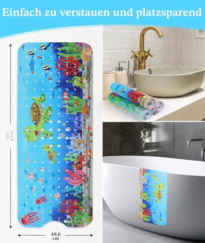 Secopad Children's Bath Mat for Bathtub, 100 x 40 cm, Cartoon Non-Slip Mat, Bathtub Baby, Bath Mat Non-Slip with Suction Cups, 100% BPA Free & Machine Washable, Turtles