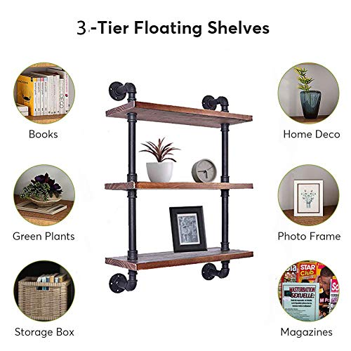 Diwhy Industrial Pipe Shelving Bookshelf Rustic Modern Wood Ladder Storage Shelf 3 Tiers Retro Wall Mount Pipe Dia 32mm Design DIY Shelving (Black, L 24")