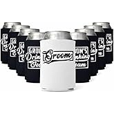 Groom and Groomsmen Can Coolers – Groom’s Drinking Team Beer Can Coolers for Bachelor Party and Wedding Gifts (12, Wht Groom, Blk DT)