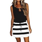 Womens Summer Causal Loose Sleeveless Crew Neck Drawstring Waist Mini Short Dress with Pockets