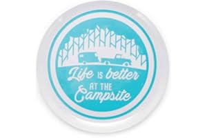 Camco Life is Better at The Campsite Large Dinner Plate - White with Teal and Navy Retro RV, Camper, and Trailer Print, BPA Free, Melamine (53227)
