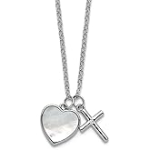 JewelryWeb 10.1mm Ss Rhodium Plated Mop and CZ Love Heart And Religious Faith Cross With 3in Extension Necklace 14 Inch Pendant Necklace