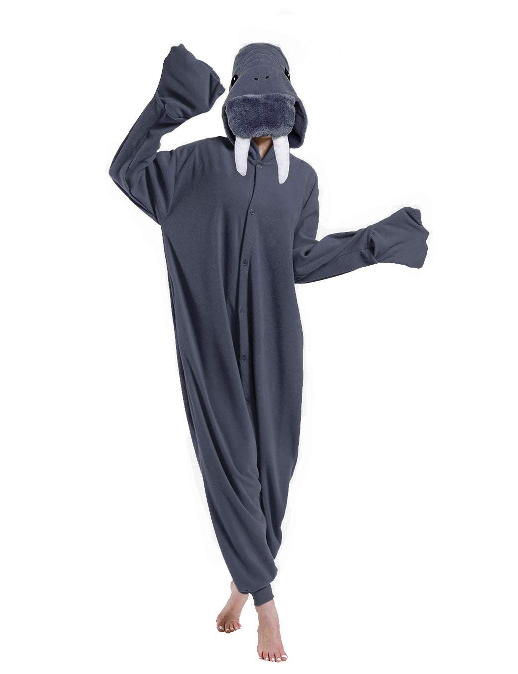 dressfan Unisex Adult Grey Walrus Onesie Pajamas Costume Animal Halloween Carnival Costumes One Piece Pajamas for Women,Grey,XL