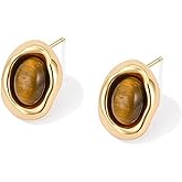 Tiger Eye Gemstone Earrings for Women Gold Statement Chunky Earrings Vintage Maillard Button Round Oval Stone Geometric Square Earrings