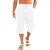 PASLTER Men's Linen Capri Pants Casual Lightweight 3/4 Pants Elastic Waist Drawstring Beach Yoga Shorts with Pockets