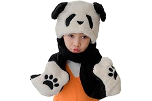 CNGYNI Kids Winter Hat Gloves Scarf Set,Cute Panda Hat with Movable Ears Thick Warm Hood Cap for Girls Boys 4-10 Years Old