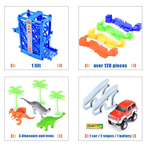 Fulljion Race Track Electric Car Large Lift Fast Sprint Flexible Track Playset Dinosaur World 120pcs 6.6ft Toy Train Set Tracks (1pcs Battery Included for Car)
