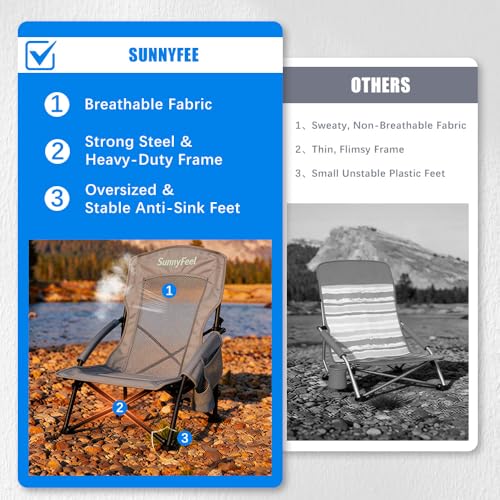 SUNNYFEEL Folding Low Camping Beach Chair 2 Pack, Lightweight Portable Lawn Chair with Mesh Back, Cup Holder for Outdoor/Travel/Picnic/Concert, Foldable Camp Backpack Chair with Carry Bag