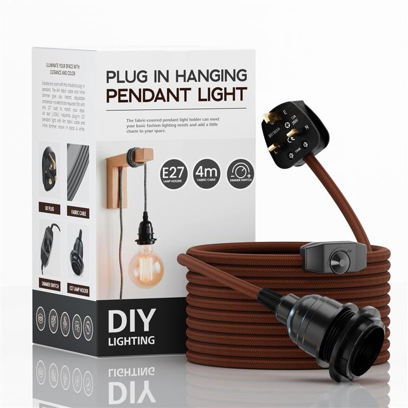 LEDSone Industrial Hanging Pendant Light with Plug-in, E27 Suspended Lamp Holder, 4m Fabric Flexible Cable with Dimmer Switch for Ceiling Hanging Lights (Brown)