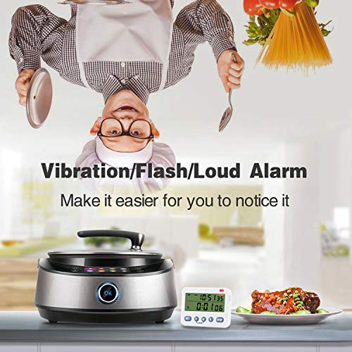 Digital Kitchen Timer, 100H Count UP/Down Cooking Timer, Large Display, Vibration/Flashlight/Loud Alarm, 24-Hour Clock & Alarm Clock, Magnetic Backing, Stand, for Cooking Baking Sports Games Office