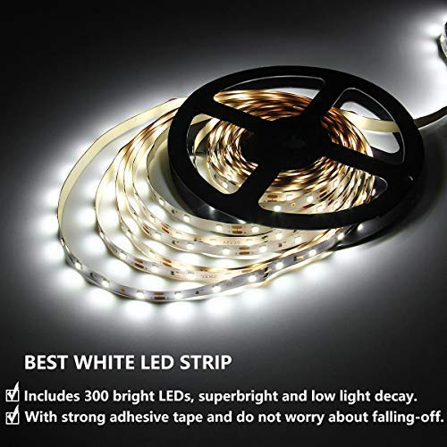 HOMELYLIFE Daylight White LED Strip Lights Kit, 6500K Super Brightness Dimmable 300 SMD2835 LEDs, 16.4FT Non-Waterproof 12v LED Light Strip, LED Ribbon for Room, Vanity Mirror, DIY Decoration - Thumbnail 3