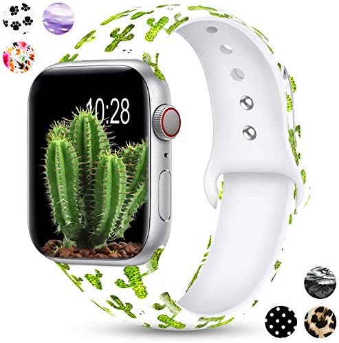 Merlion Compatible with Apple Watch Band 38mm 42mm 40mm 44mm for Women/Men,Silicone Fadeless Pattern Printed Replacement Floral Bands for iWatch Series 6/5/4/3/2/1 CactusC