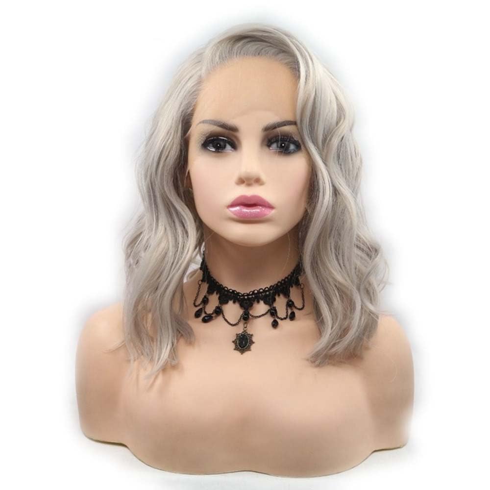 Xiweiya 14"Silver Grey Synthetic Lace Front Wigs Short Bob Grey Wigs Short Curly Wigs Heat Resistant Fiber Hair Wigs For Women Wigs Side Parting