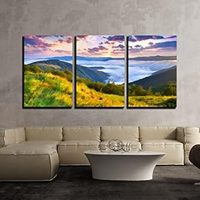 3 Piece Canvas Wall Art - Digital Artwork in Watercolor Painting Style. Beautiful Summer Sunrise in The Mountains. - Modern Home Art Stretched and Framed Ready to Hang - 16"x24"x3 Panels