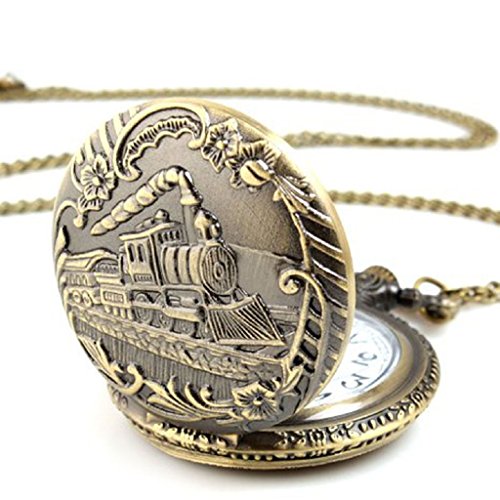 Teresamoon watch , Vintage Brass Train pattern Chain Quartz Pocket Watch