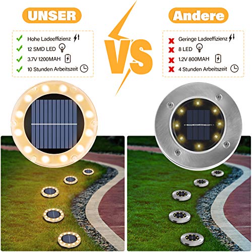 Solar Floor Light, Warm White, 12 LEDs, Solar Lights for Outdoors, Pack of 4 - LED Solar Garden Lights, IP65 Waterproof Floor Light, Solar Lights, Garden, Outdoor Light for Driveway, Lawn, Walkway, Patio