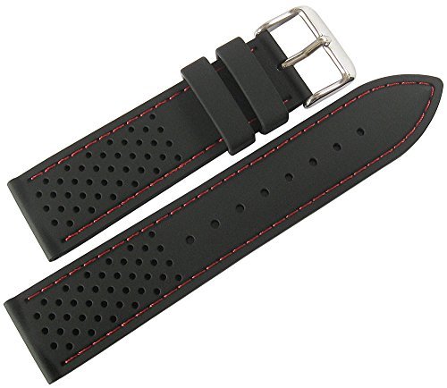 Fluco 20mm Black Silicone Rubber Red-Stitch Watch Strap