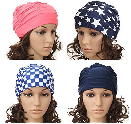 Natuworld Adult Swim Cap Large Breathable Nylon Pleated Swimming Caps Hat for Long Hair Women Men, Fashion and Colorful - Multi Colors Available
