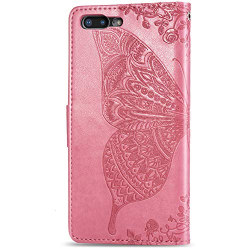 Case for iPhone 8 Plus/7 Plus Cover,Embossing Mandala Butterfly Rose Vine Flip Folio Wallet Case PU Leather Stand Card Slots Case Cover+Dust Plug Stylus for iPhone 8 Plus/7 Plus Wallet Case,White