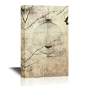 Canvas Wall Art - Flying Birds and Bird Cage on Vintage Background - Gallery Wrap Modern Home Art | Ready to Hang - 12x18 inches