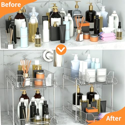 Yoawllty Under Sink Organizer, 2-Tier Bathroom Cabinet Organizer, Clear Organizers storage with Dividers and Cups, Multi-Purpose Slide-Out Storage Container for Cabinet, Fridge, Kitchen, Makeup