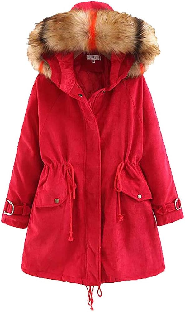 Women's Hooded Parkas, Cotton Coat Medium Long Corduroy Color Large Fur Collar Large Size Warm 