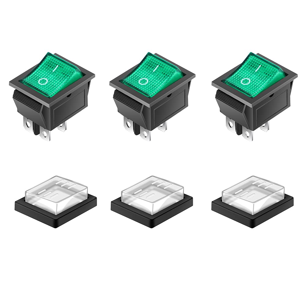 3 Pcs Square Rocker Switch ON-Off Boat Rocker Switch 4 Pin Green Light with Waterproof Cover DPS AC 250V 16A 125V 20A for Electrical Machine Products