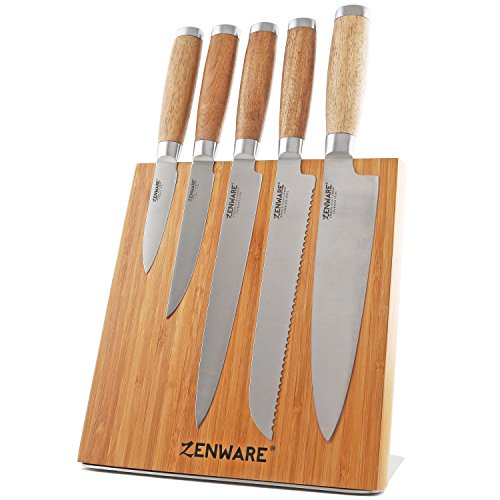 Zenware 6 Piece German High Carbon Stainless Steel Kitchen Knives Set with Natural Bamboo Magnetic Knife Block Holder