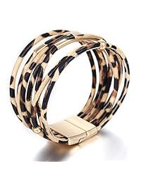 HUA JU Multilayer Leather Magnet Buckle Bracelet Leopard Print Black Stone Bracelet for Glamour Fashion Women