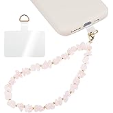 Handmade Natural Gemstone Gold Beaded Charm Cell Phone Camera Lanyard, Wrist Strap, Pearl Phone Chain String with Tether Tab, Keychain Decor for Wallet (Rose Quartz)