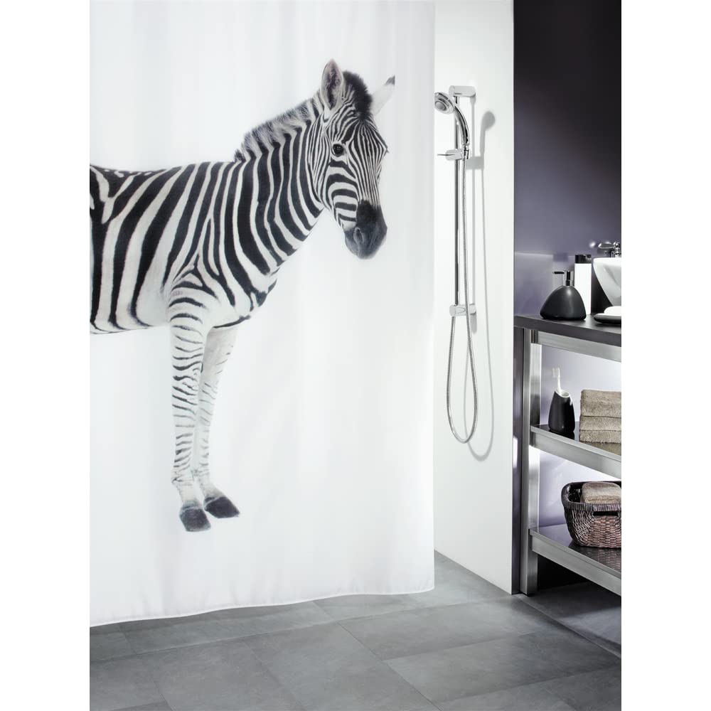 Spirella Zebra Black Textile Polyester Shower Curtain, 71x79in. (180x200cm.), White / Black