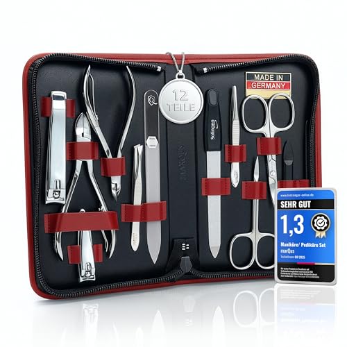 marQus Solingen Maniküre Pediküre Set - 12 Teile in Echt Leder Etui handlich und weich - Komplett Kit mit allem für die Hand- und Fußpflege, Nagelset