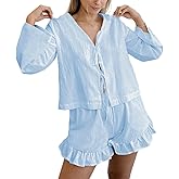 Xfileen Women Fashion 2 Piece Outfit Long Sleeve Tie Front Tops and Ruffled Shorts Cotton Pajamas Sets