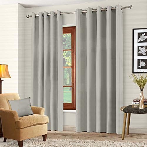 Luxury Pair Thermal Blackout Curtains Ring Top Eyelet Fully Lined insulated Super Soft Ready Made Solar Blackout 117 x 137cm - Silver