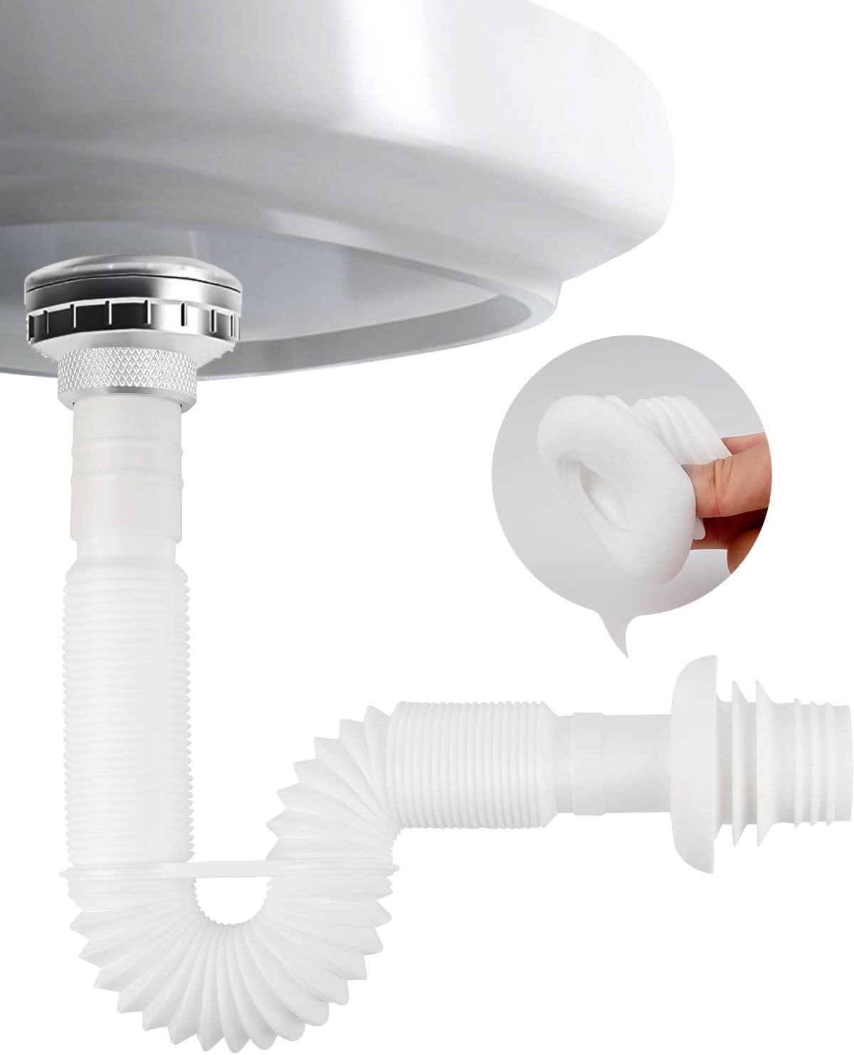 Flexible Waste Pipe FOCCTS 1 1/4"" to 40-50mm Universal Pipe Connector Waste Water Trap Kit, Plastic Sink Waste Pipe, Drain Pipe Plumbing Trap for Bath Wash Basin Kitchen Sink, Extensable 350-880 mm