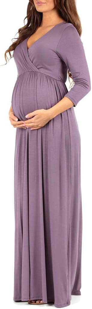 Mother Bee Maternity 3/4 Sleeve Ruched Maternity Dress W/Empire Waist for Baby Showers or Casual Wear at  Women’s Clothing store