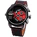 OULM Men's Pilot's Casual Quartz Wrist Watch Black Leather Strap Sub Dials Oversize Red Dial Alloy Case Birthday Gift + Box