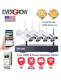 Evergrow - Sistema de cámaras de seguridad para el hogar inalámbricas H.265, 4 canales de red IP NVR, disco duro de 1 TB, 4 cámaras inalámbricas HD 2.0 MP 1080P, impermeables, para interiores y exteriores, con visión nocturna de 98.4 ft