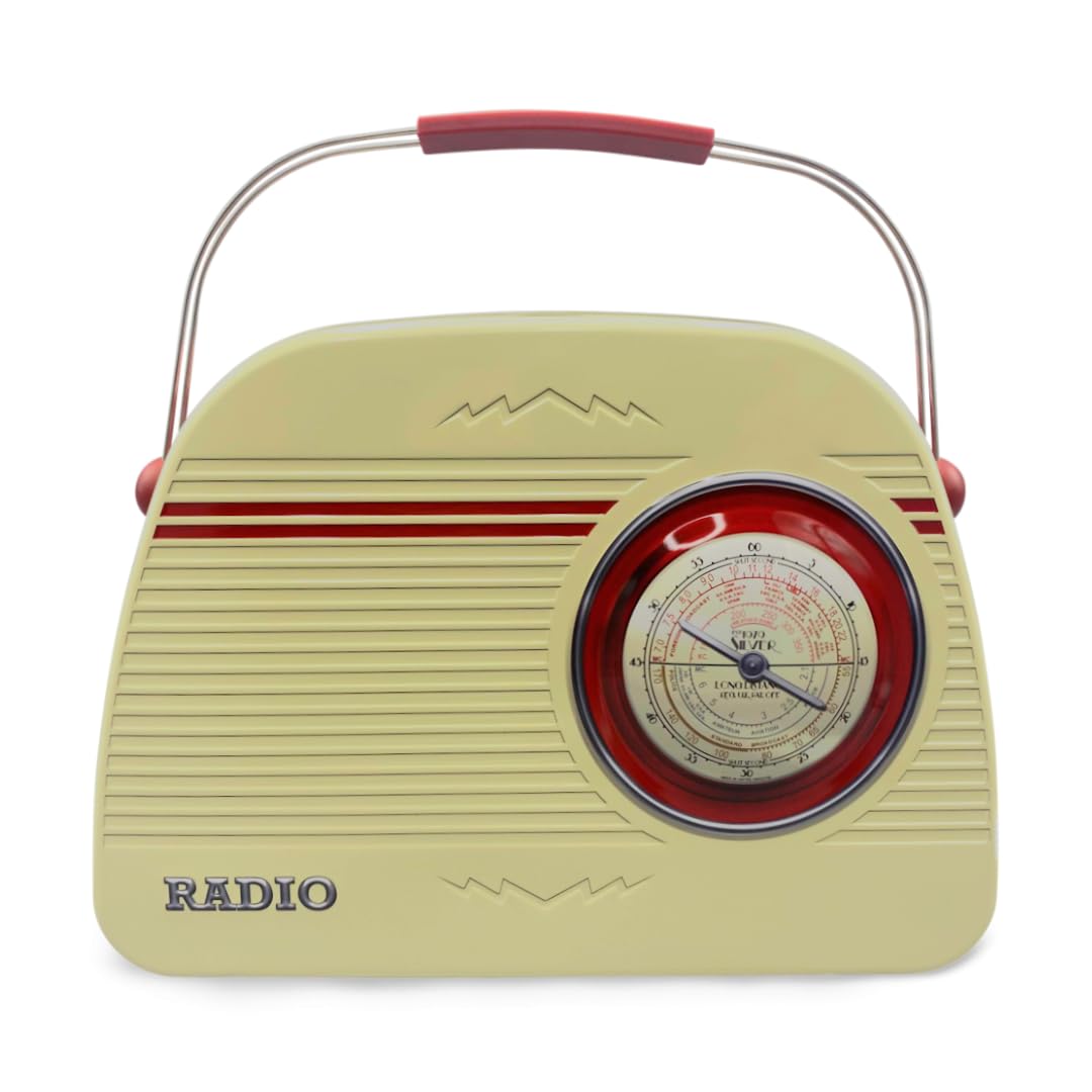 Tin in the shape of a radio in retro decoration, round, beige, biscuit tin, decorative box, volume: 3 l, dimensions: 32 x 22 x 7 cm