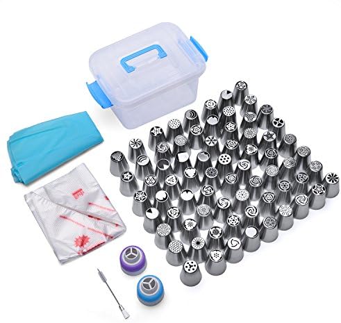 Cake decorating kit Russian Piping Tips Tulip 114 pcs - Complete set of 70 Icling Tips, 2 Coupler, 37 Disposable Pastry Bags, 3 Silicone Pastry Bag, 1 Brush & Storage Box