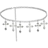 Wloisc Cross Moon Waist Chain Belt - Punk Gothic Crossover Body Belly Chains Tassel for Women Girl (Silver)