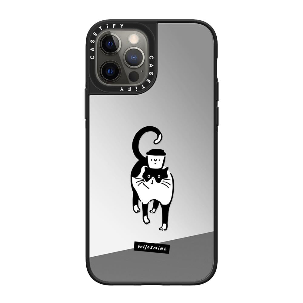 CASETiFY Mirror iPhone 12 Pro Case [Reflective / 4.9ft Drop Protection/Compatible with Magsafe] - WHOSMiNG - COFFEE CAT - Silver On Black