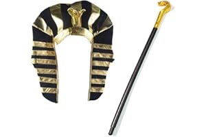 HIAWBON Funny Egyptian Pharaoh Costume - Gold and Black Pharaoh Hat Pharaoh King Headpiece Gold-Plated Cobra King Scepter for Halloween Dress Up Themed Party Supplies, 2Pcs(Hat & Scepter)