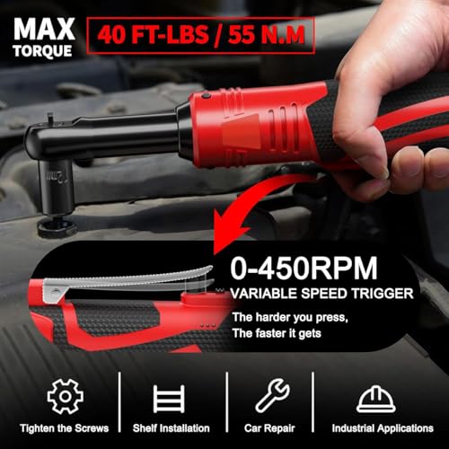 Cordless Ratchet Wrench 3/8” Drive 18V Reversible Air Ratchet Wrench 40Ft-lbs 450RPM Variable Speed LED Light Handheld Electric Impact Extended Wrench Tool 2 Battery 7 Socket for Auto Woodwork Machine