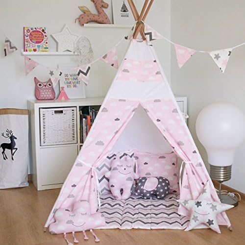 Kids Teepee Tent with 4 Poles 100% Cotton Canvas Children Play Tent Indoor Teepee Tent for Kids