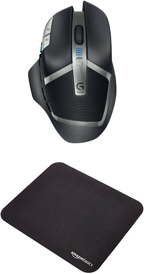 Logitech G602 Lag-Free Wireless Gaming Mouse and Amazon Basics Gaming Mouse Pad