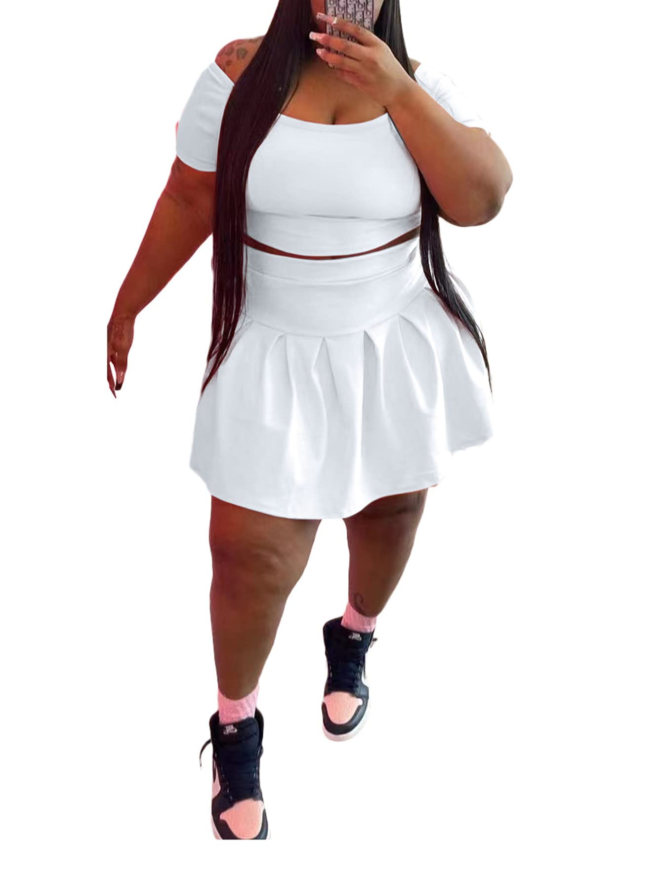 Photo 1 of KELOVEPAN Pleated Short Skirt Sets Women 2 Piece Sweatsuits Sexy Plus Size Summer Two Piece Outfit Dress TrackSuit Set White XL